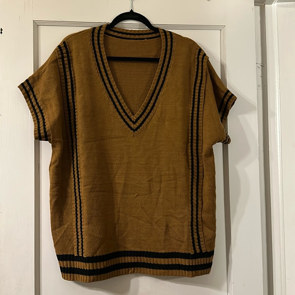 V-Neck Short Sleeve Sweater Vest in Mustard with Black Trim